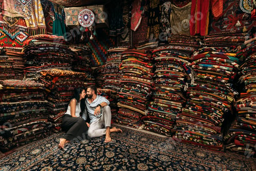 Preview: Couple having fun. Couple in love in Turkey. Man and woman in the Eastern country. Gift shop