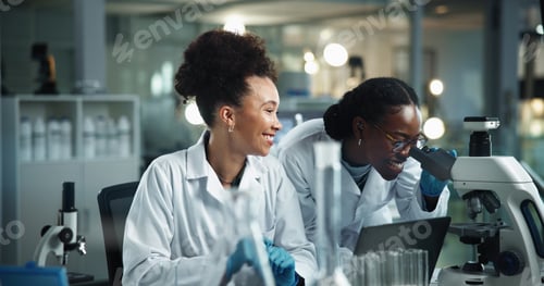 Preview: Happy women, microscope and science team research in lab for experiment, analysis and biotechnology