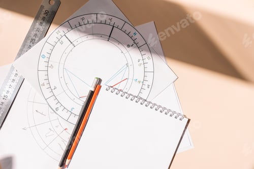 Preview: Natal chart on white paper with pencils and ruler on an orange background
