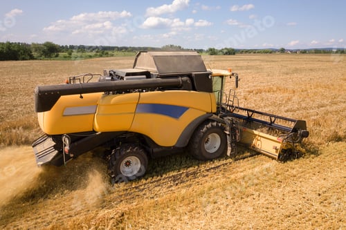 Preview: Aerial view of combine harvester harvesting large ripe wheat field. Agriculture from drone view.