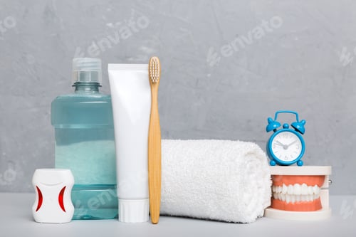 Preview: Mouthwash and other oral hygiene products on colored table top view with copy space.