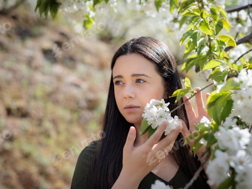 Preview: Young woman standing in the garden with her holding a blossoming tree branch.