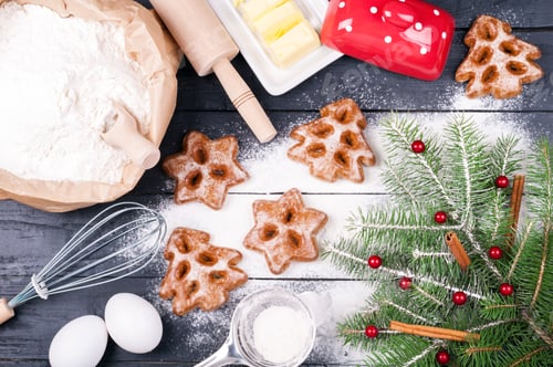 Preview: Christmas baking. Ingredients for cooking cookies. Flour, eggs, butter, raspberries, milk, cinnamon