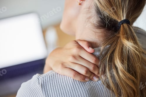Preview: Business woman, stress and laptop with neck pain, tired and injury from working or strain in office