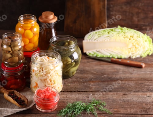 Preview: fermented vegetables in glass jars healthy food