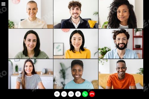 Preview: Laptop screen with diverse young people having a video call