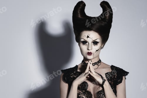 Preview: Spooky porcelain doll with horns on her head.