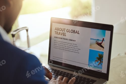 Preview: Business man, travel search and website on laptop for about us information, vacation planning and m