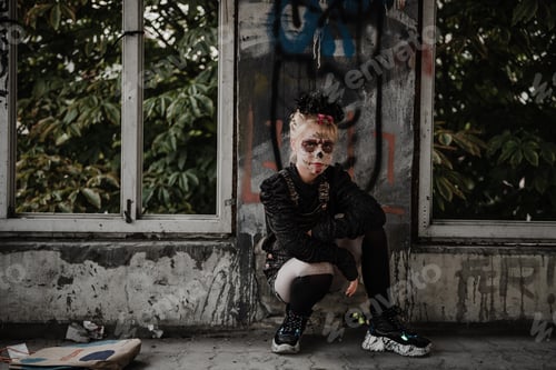 Preview: Portrait of a girl with a creepy Sugar Scull make up.