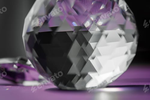 Preview: Crystal prism refracting light, magic crystals and pyramid, sphere and cube on purple background