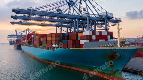 Preview: Container cargo ship at commercial terminal seaport, Global business logistic import export.
