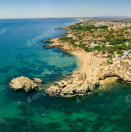 Preview: Panoramic aerial drone view of Praia do Castelo beach, Albufeira, Algarve, Portugal