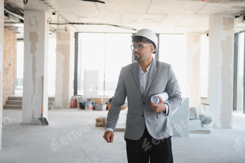 Preview: Arab architect inspecting construction site holding blueprints