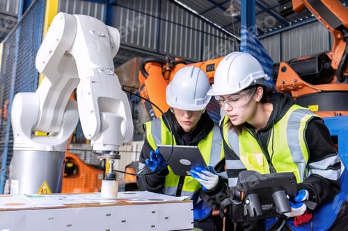 Preview: Women engineer team together at work in modern advanced robot welding machine sell service factory
