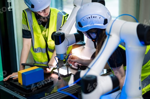 Preview: Two people are working on a robot in a factory