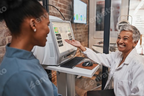 Preview: Eyecare, optometry and optician on computer doing a eye test for a patient for vision in a clinic.