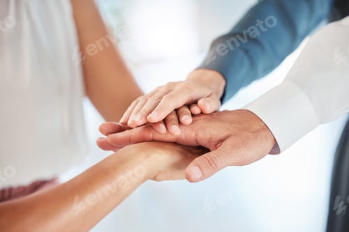 Preview: Teamwork, collaboration and support business people hands stacked together in closeup. Group commun