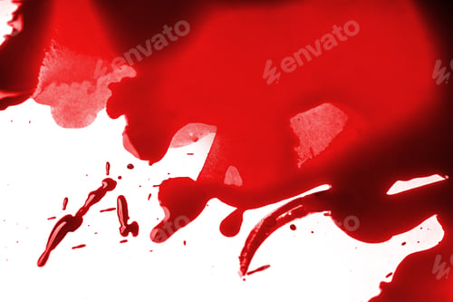 Preview: Pool of red paint looks like blood on white background