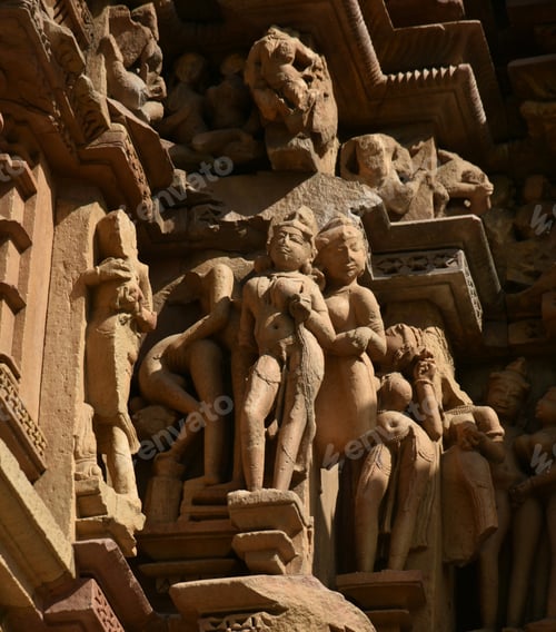 Preview: Stone carving bas relief sculptures on Khajuraho Temple, India.