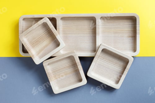 Preview: wood empty plates for snack on color grey and yellow background