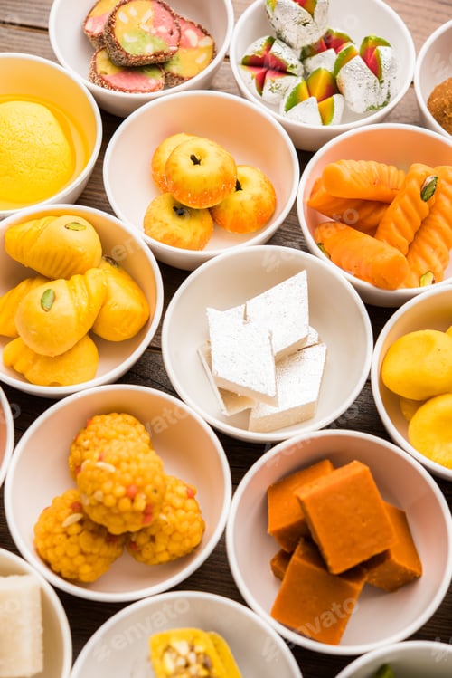 Preview: Rangoli design of Assorted Indian sweets