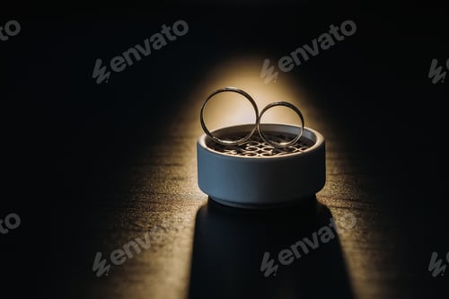 Preview: two gold wedding rings in a white box on a black background