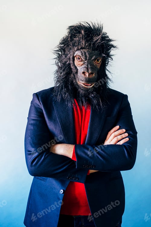 Preview: Man in a suit and with a gorilla mask.