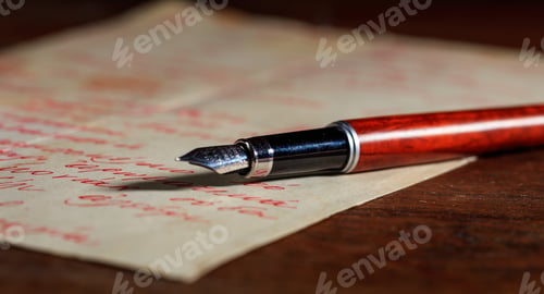 Preview: Handwritten letter and an ink pen on a wooden desk