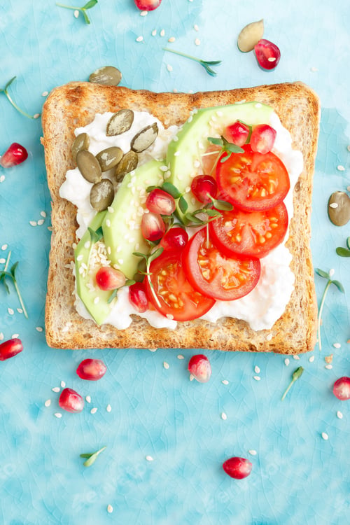 Preview: Toasts with feta cheese, tomatoes, avocado, pomegranate
