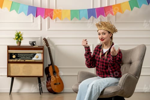 Preview: festa junina cute girl in straw hat brazilian midsummer with retro radio guitar putting makeup on