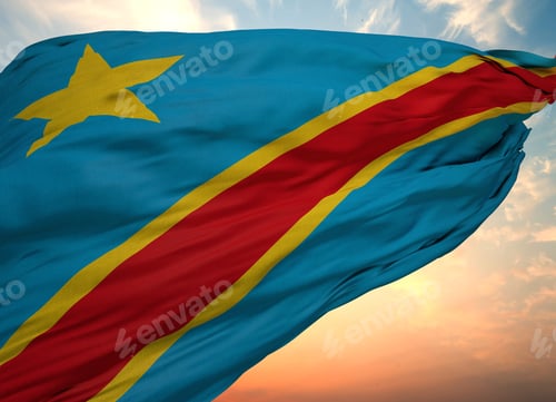 Preview: Closeup view of the flag of the Democratic Republic of the Congo on a background of sunset
