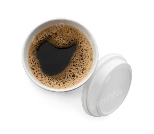 Preview: Aromatic coffee in takeaway paper cup and lid on white background, top view