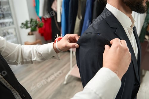 Preview: Tailor Fitting Bespoke Suit in Fashion Design Studio