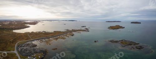 Preview: Aerial panoramic view of a small town on a rocky Atlantic Ocean Coast. Newfoundland, Canada