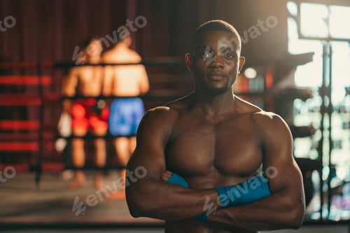 Preview: Young muscular african american male boxer looking at camera, wearing boxing gloves