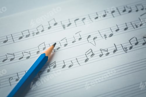 Visualização: Notas musicais aleatórias com lápis. Conceito de música.