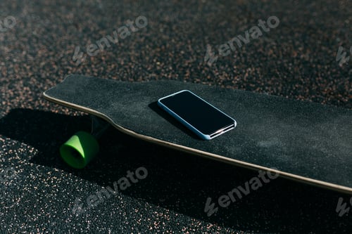 Preview: Close-up of a mobile phone on a skateboard on the street