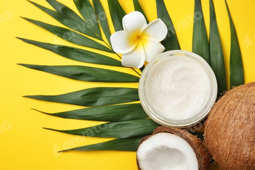 Preview: Beautiful composition with coconut oil and nuts on color background