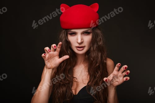 Preview: Beauty Portrait Of Young Swag Sexy Woman With Curly Long Hair In Cat Hat On Black Background In