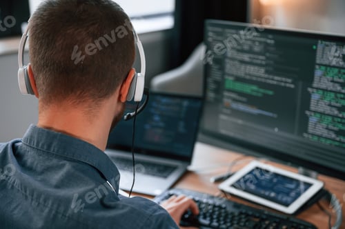 Preview: Software developer is writing code. Man in formal clothes is working in the modern office
