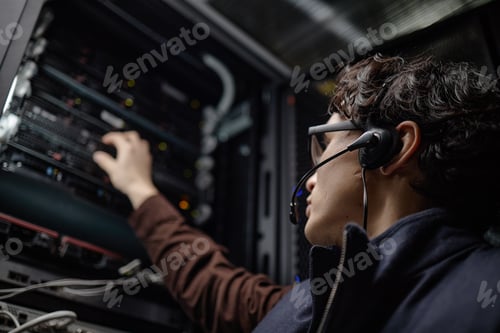 Preview: Young Adult Man Wearing Headset Operating Server Equipment