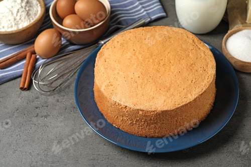 Preview: Delicious fresh homemade cake and ingredients on grey marble table