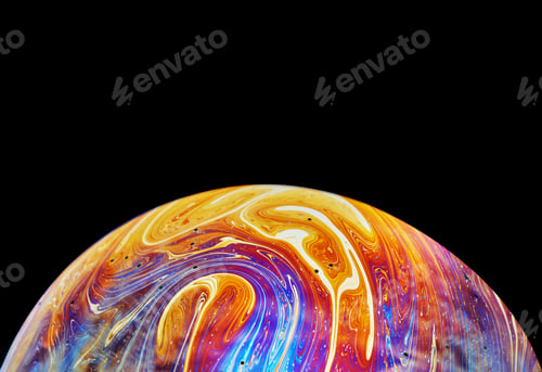 Preview: Virtual reality space with abstract multicolor psychedelic planet. Closeup Soap bubble like