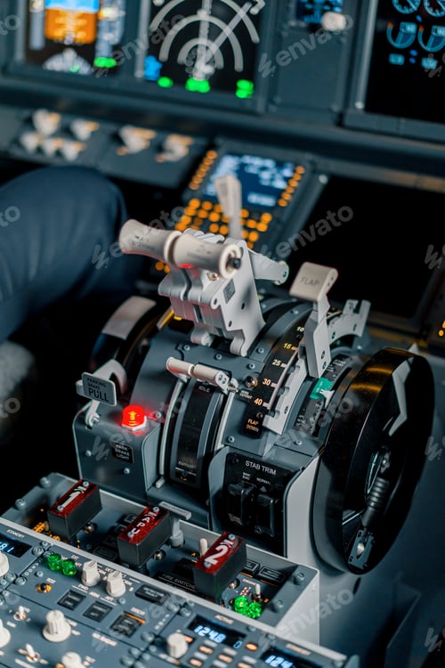 Preview: thrust lever in the cockpit of an airplane a close-up view of a flight on an aircraft simulator