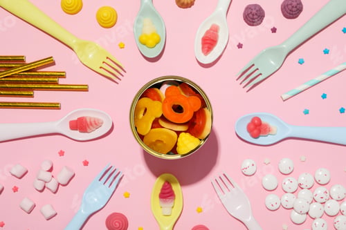 Preview: Jelly candies in tin and cutlery on pink background, top view