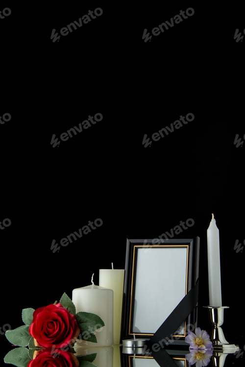 Preview: front view of white candles with picture frame on black background palestine war death