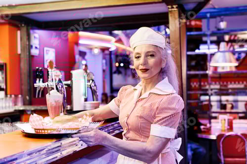 Preview: Portrait of mature female waitress in 1950's diner