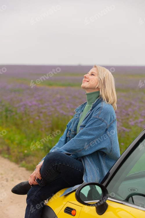 Preview: Style blonde with a car near flowers filed in autumn time