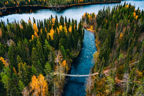 Preview: Aerial view of river with suspension bridge in colorful autumn forest in Finland.