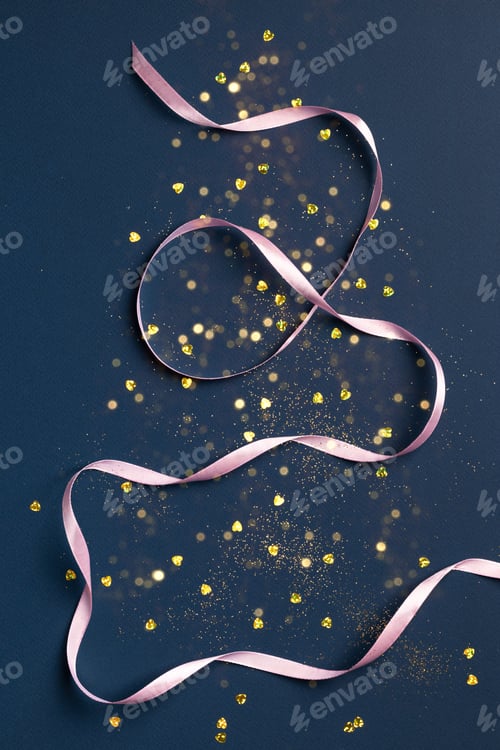 Preview: Christmas card with golden glitter, confetti and satin ribbon on blue background